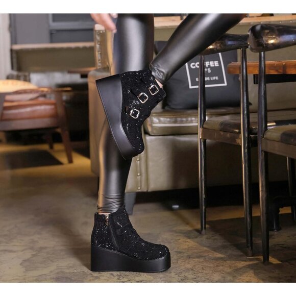 Women Black Rhinestone Polyurethane Buckle Thick Sole Platform Ankle Boots - Picture 8 of 9